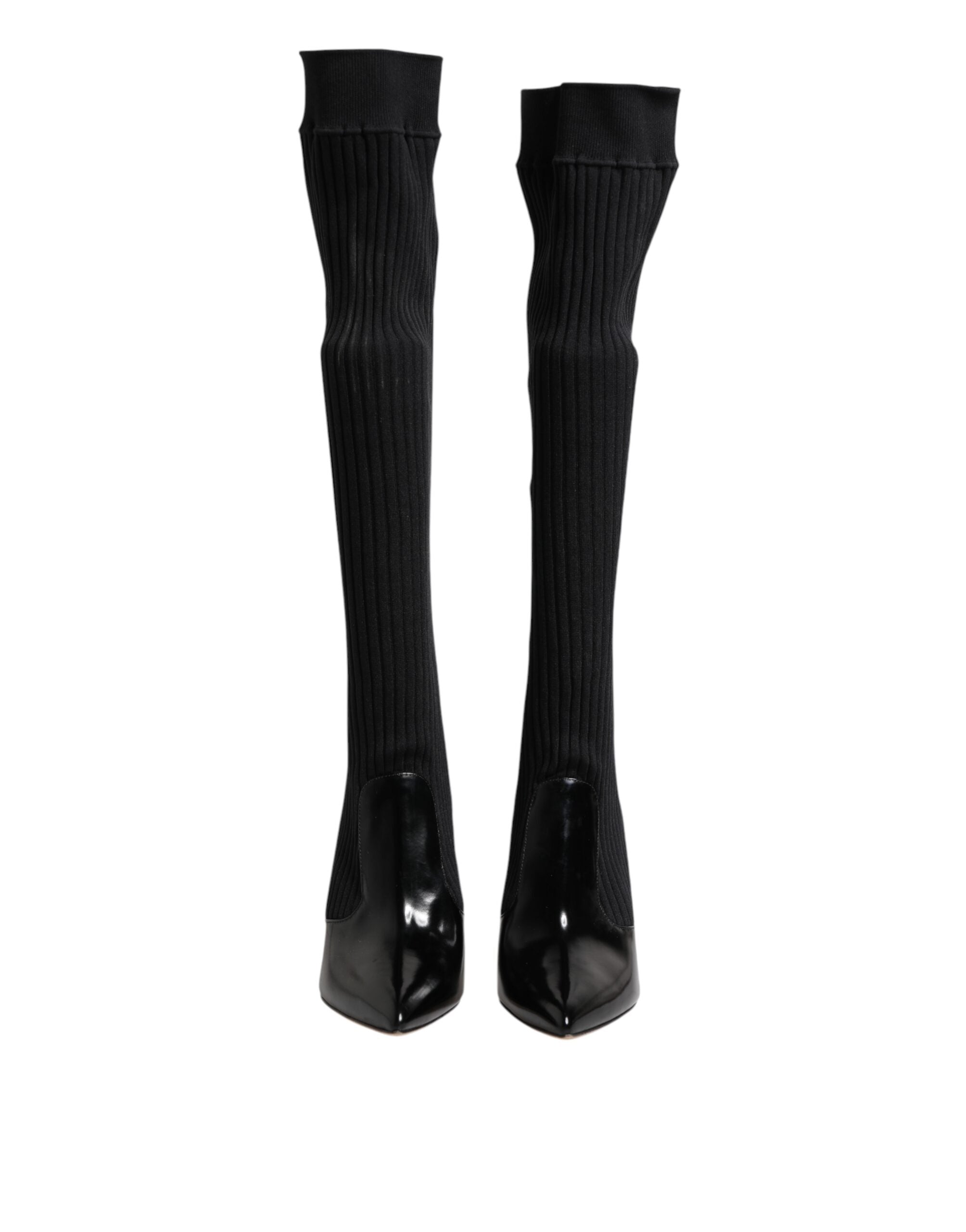 Dolce & Gabbana Black Leather Ribbed Knit Knee Boots Women's Shoes