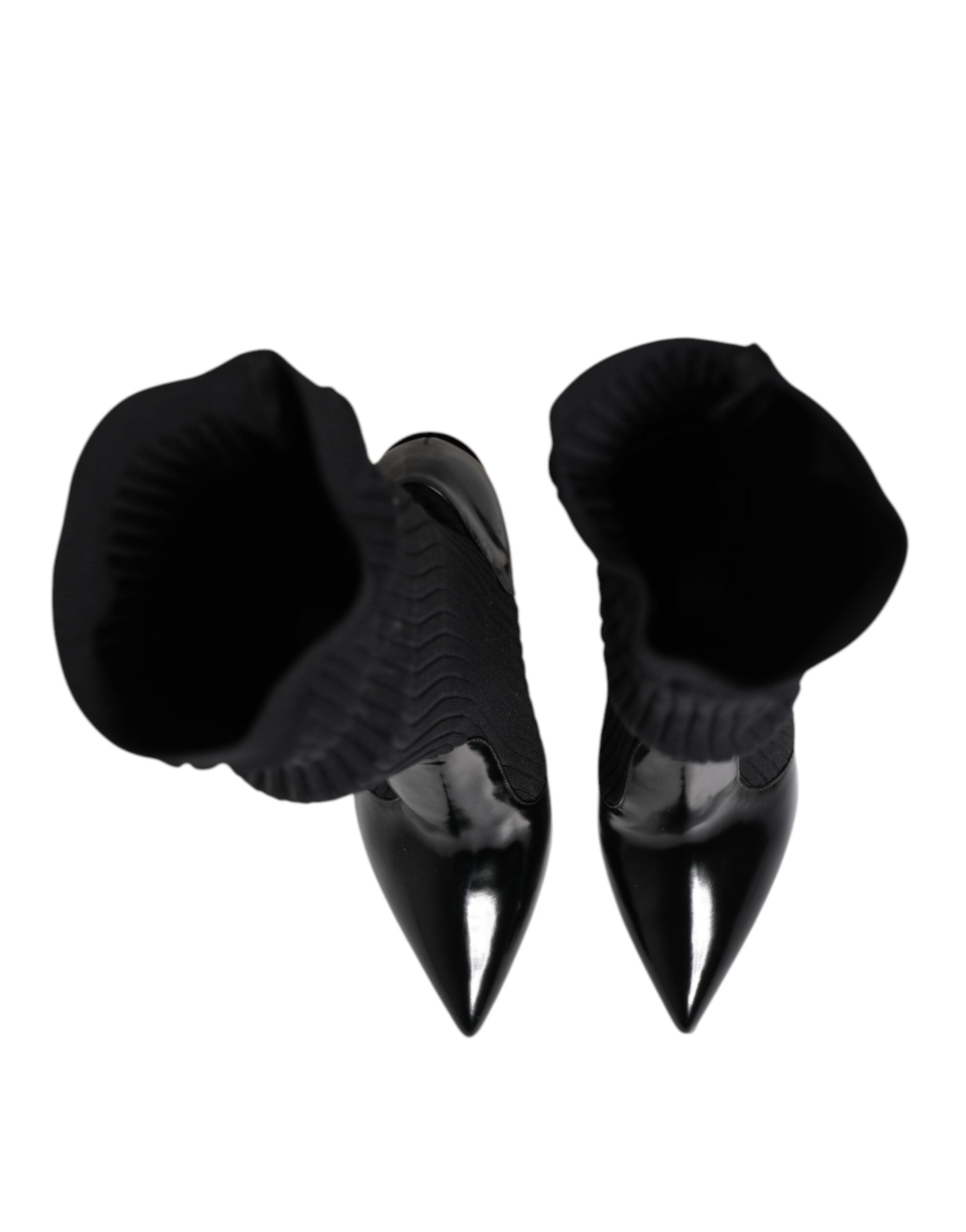 Dolce & Gabbana Black Leather Ribbed Knit Knee Boots Women's Shoes