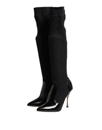 Dolce & Gabbana Black Leather Ribbed Knit Knee Boots Women's Shoes