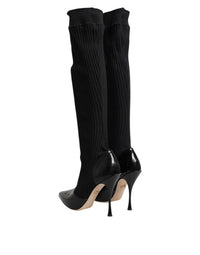 Dolce & Gabbana Black Leather Ribbed Knit Knee Boots Women's Shoes