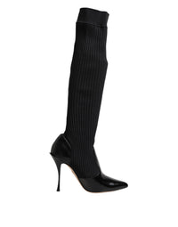 Dolce & Gabbana Black Leather Ribbed Knit Knee Boots Women's Shoes