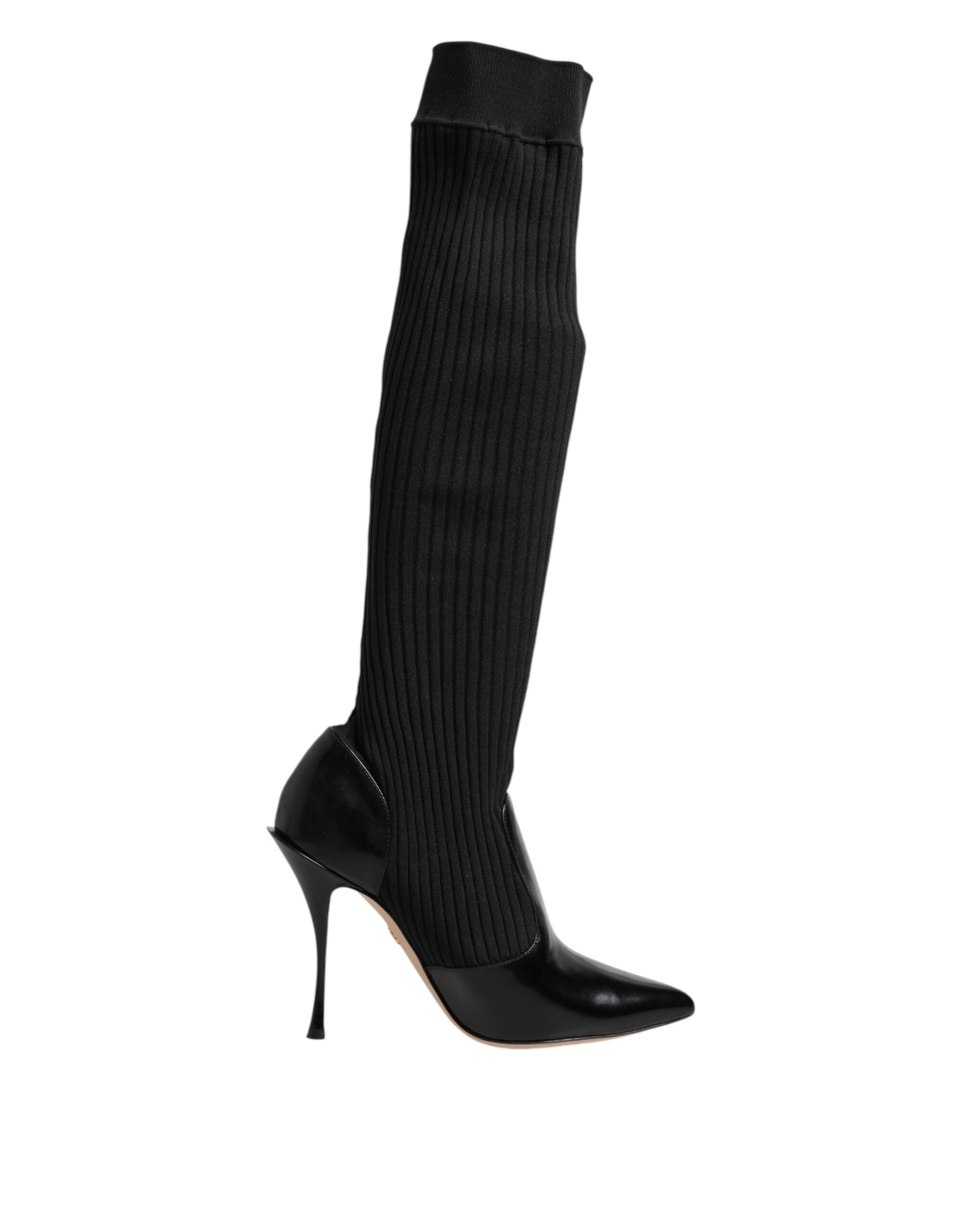 Dolce & Gabbana Black Leather Ribbed Knit Knee Boots Women's Shoes