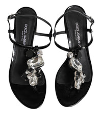 Dolce & Gabbana Black Leather Crystal Ankle Strap Sandals Women's Shoes