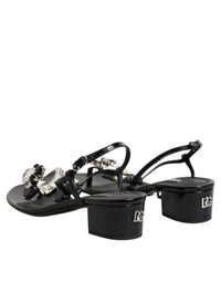 Dolce & Gabbana Black Leather Crystal Ankle Strap Sandals Women's Shoes