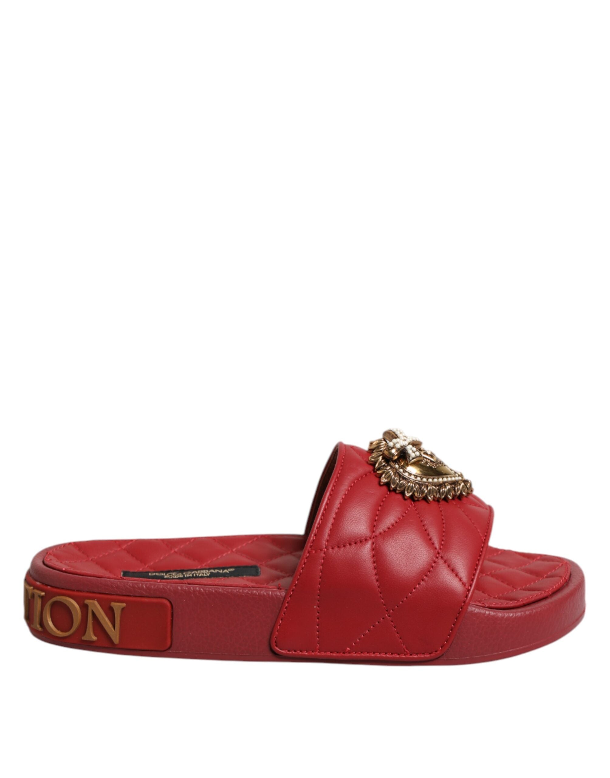 Dolce & Gabbana Dolce & Gabbana Red Devotion Matelassé Leather Slides Women's Shoes