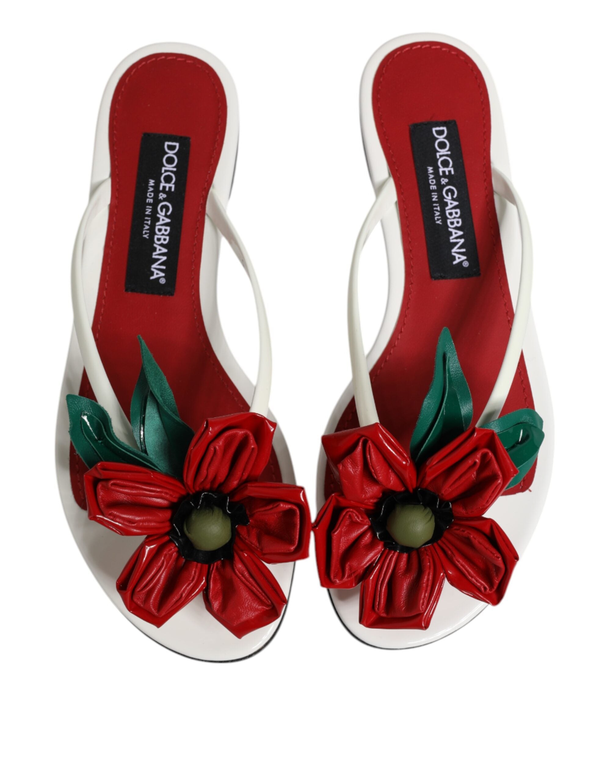 Dolce & Gabbana Dolce & Gabbana Red White KEIRA Flower Leather Sandals Women's Shoes