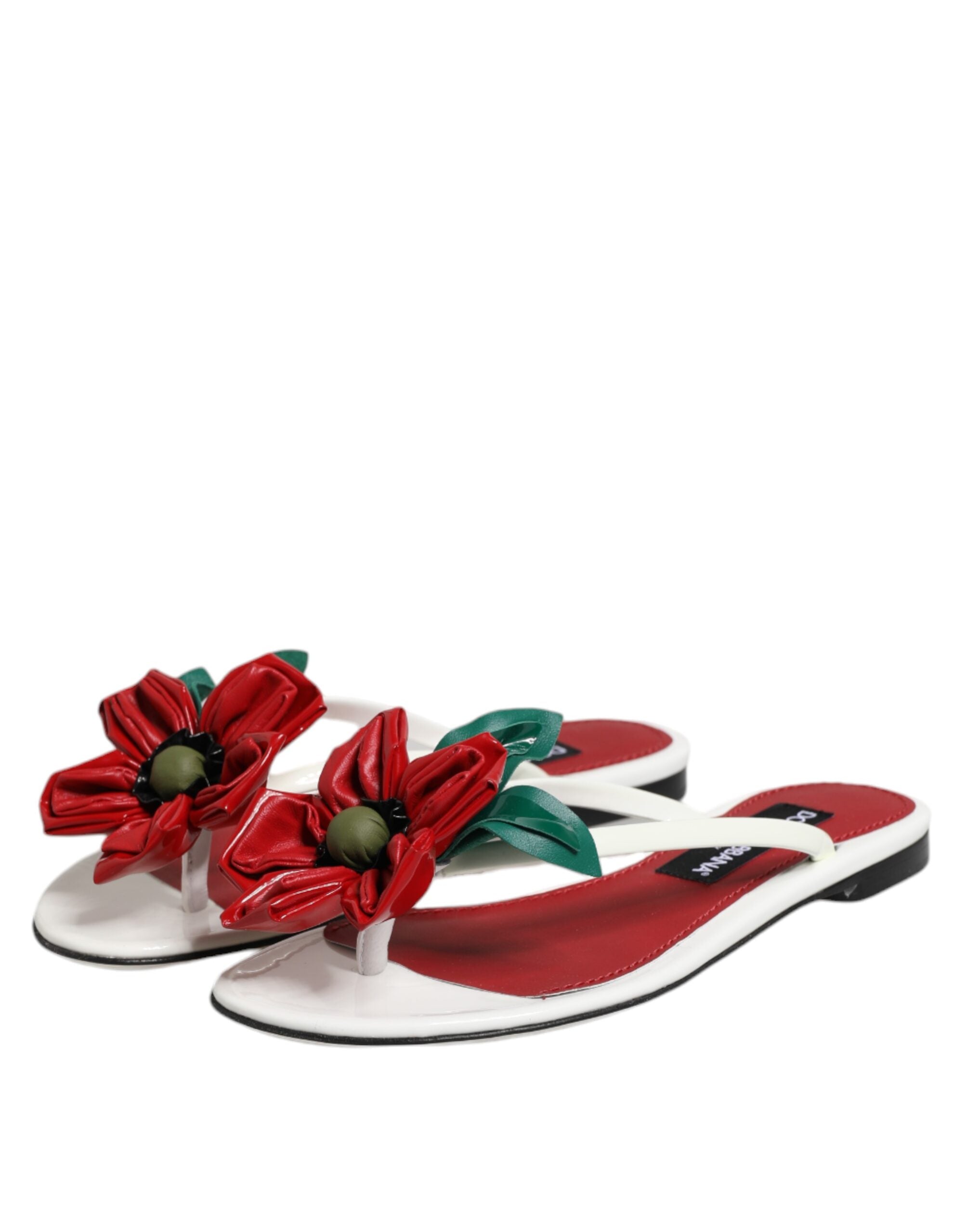 Dolce & Gabbana Dolce & Gabbana Red White KEIRA Flower Leather Sandals Women's Shoes