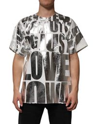 Dolce & Gabbana Dolce & Gabbana White Cotton Silver Metallic Slogan Print Men's T-shirt