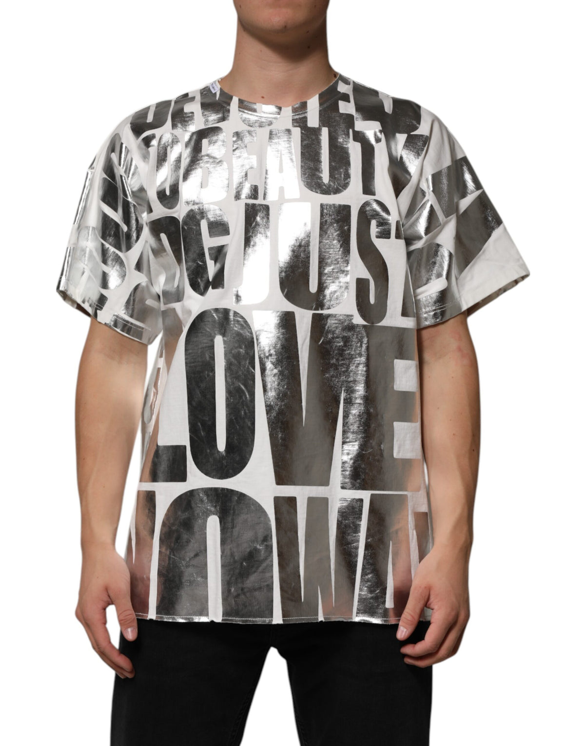 Dolce & Gabbana Dolce & Gabbana White Cotton Silver Metallic Slogan Print Men's T-shirt