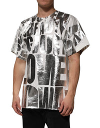 Dolce & Gabbana Dolce & Gabbana White Cotton Silver Metallic Slogan Print Men's T-shirt