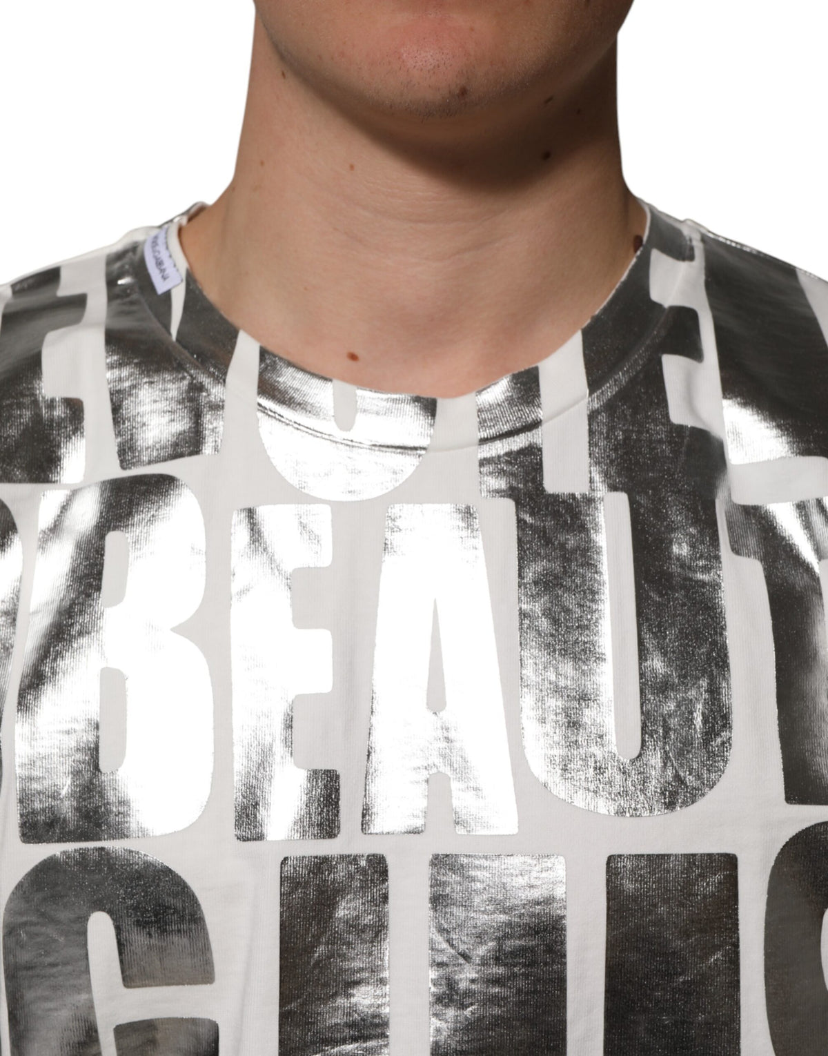 Dolce & Gabbana Dolce & Gabbana White Cotton Silver Metallic Slogan Print Men's T-shirt
