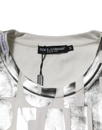Dolce & Gabbana Dolce & Gabbana White Cotton Silver Metallic Slogan Print Men's T-shirt