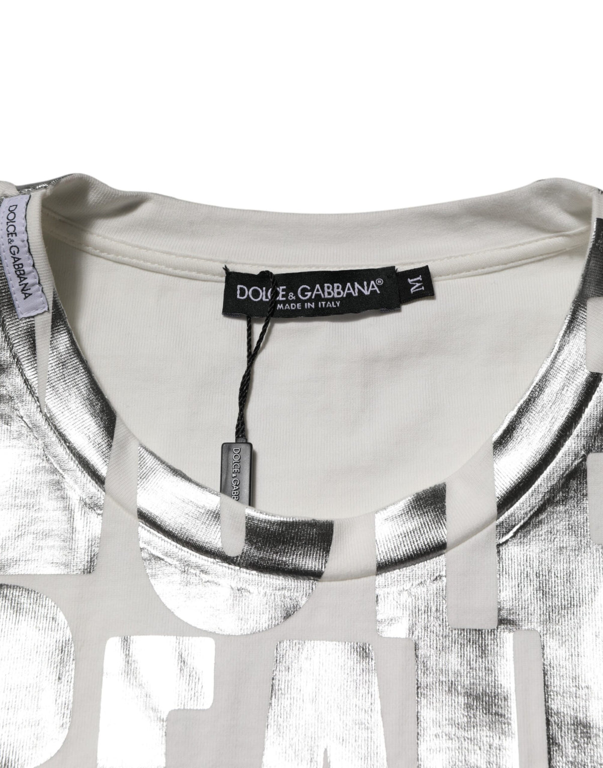 Dolce & Gabbana Dolce & Gabbana White Cotton Silver Metallic Slogan Print Men's T-shirt
