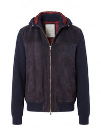 Brunello Cucinelli Men Suede And Cashmere Knit Hooded Bomber Jacket