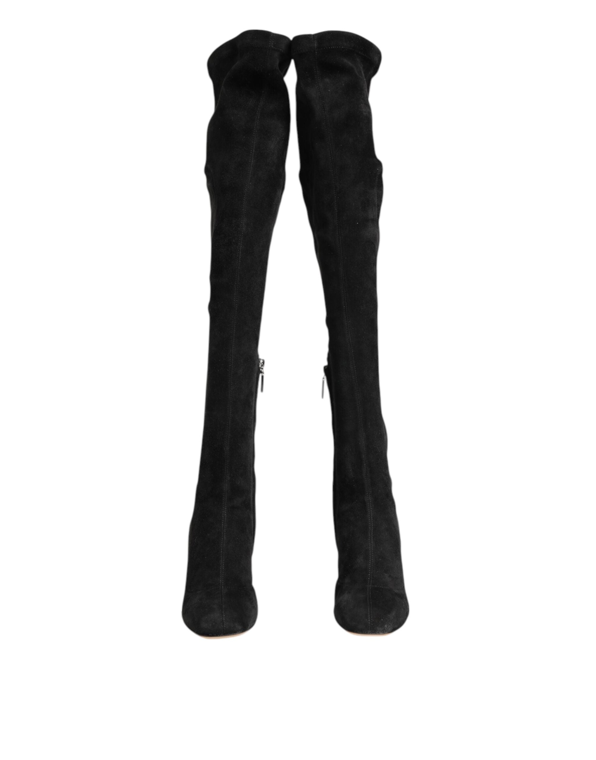 Dolce & Gabbana Black Suede Leather Knee High Boots Women's Shoes