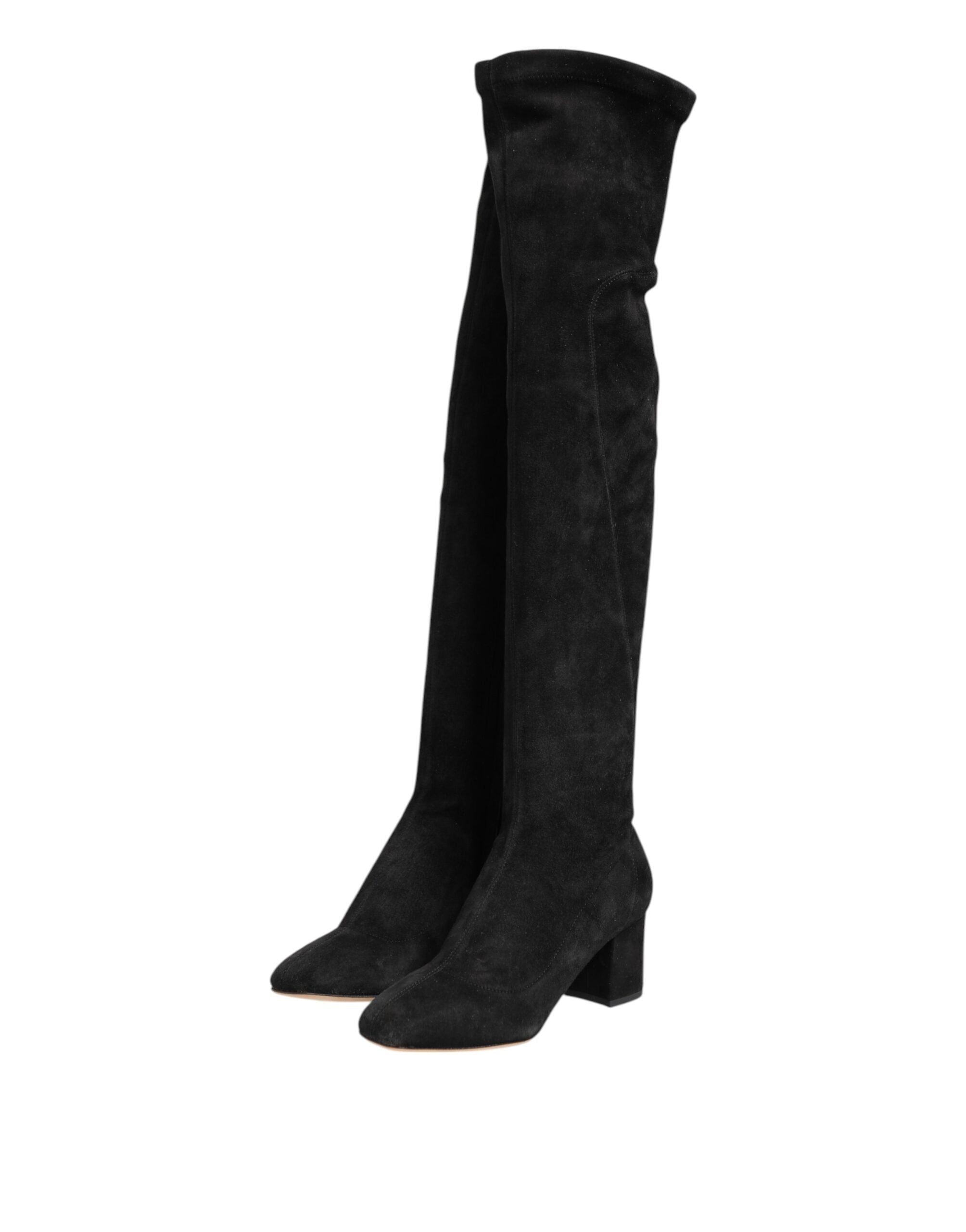 Dolce & Gabbana Black Suede Leather Knee High Boots Women's Shoes