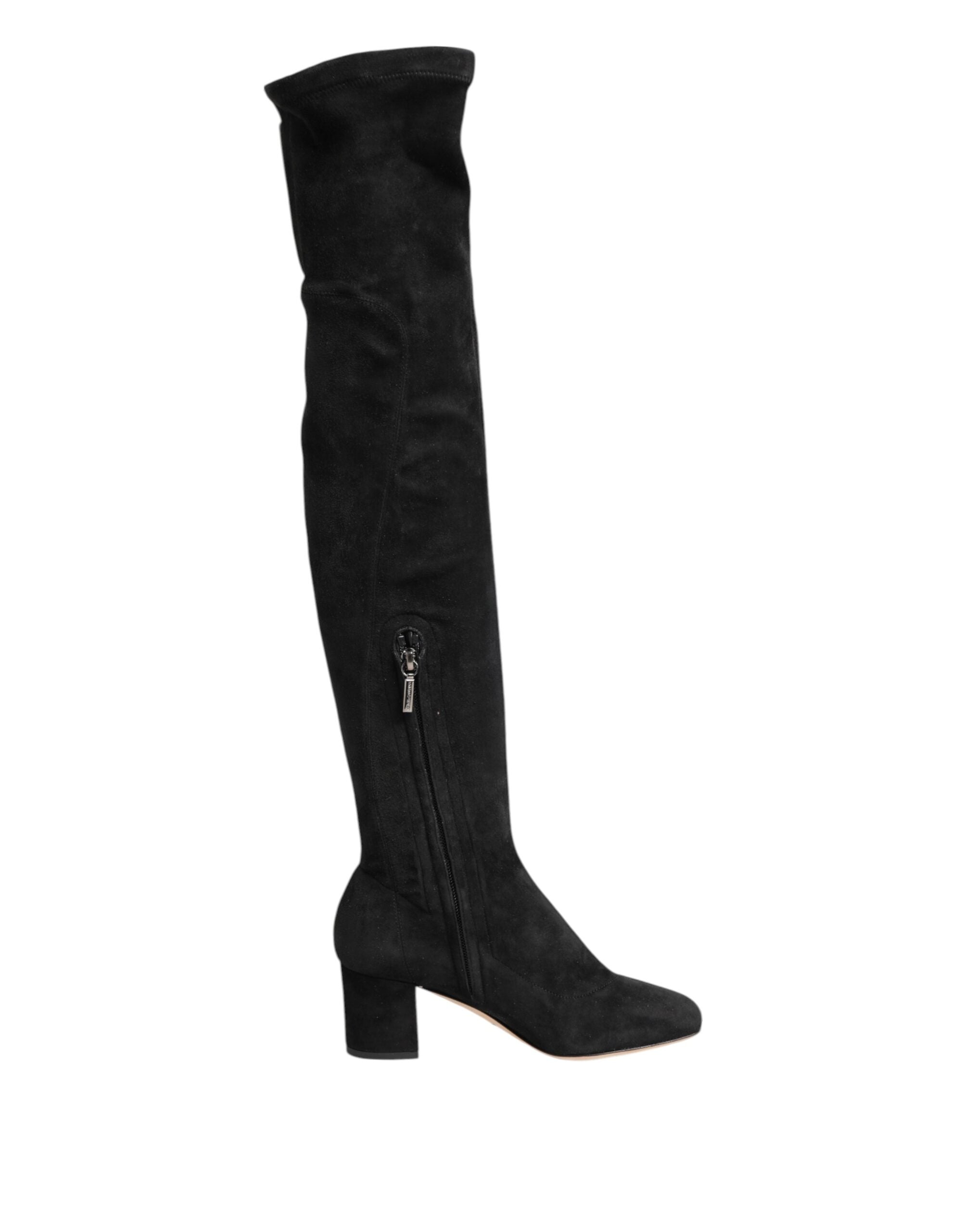 Dolce & Gabbana Black Suede Leather Knee High Boots Women's Shoes
