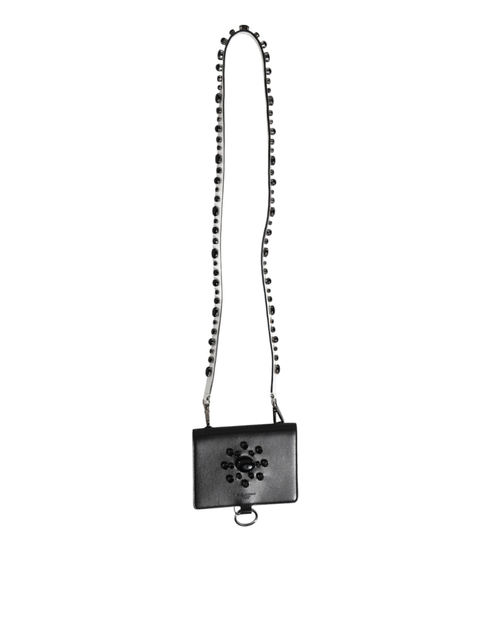 Dolce & Gabbana Dolce & Gabbana Black Leather Crystal Embellished Card Holder Women's Wallet