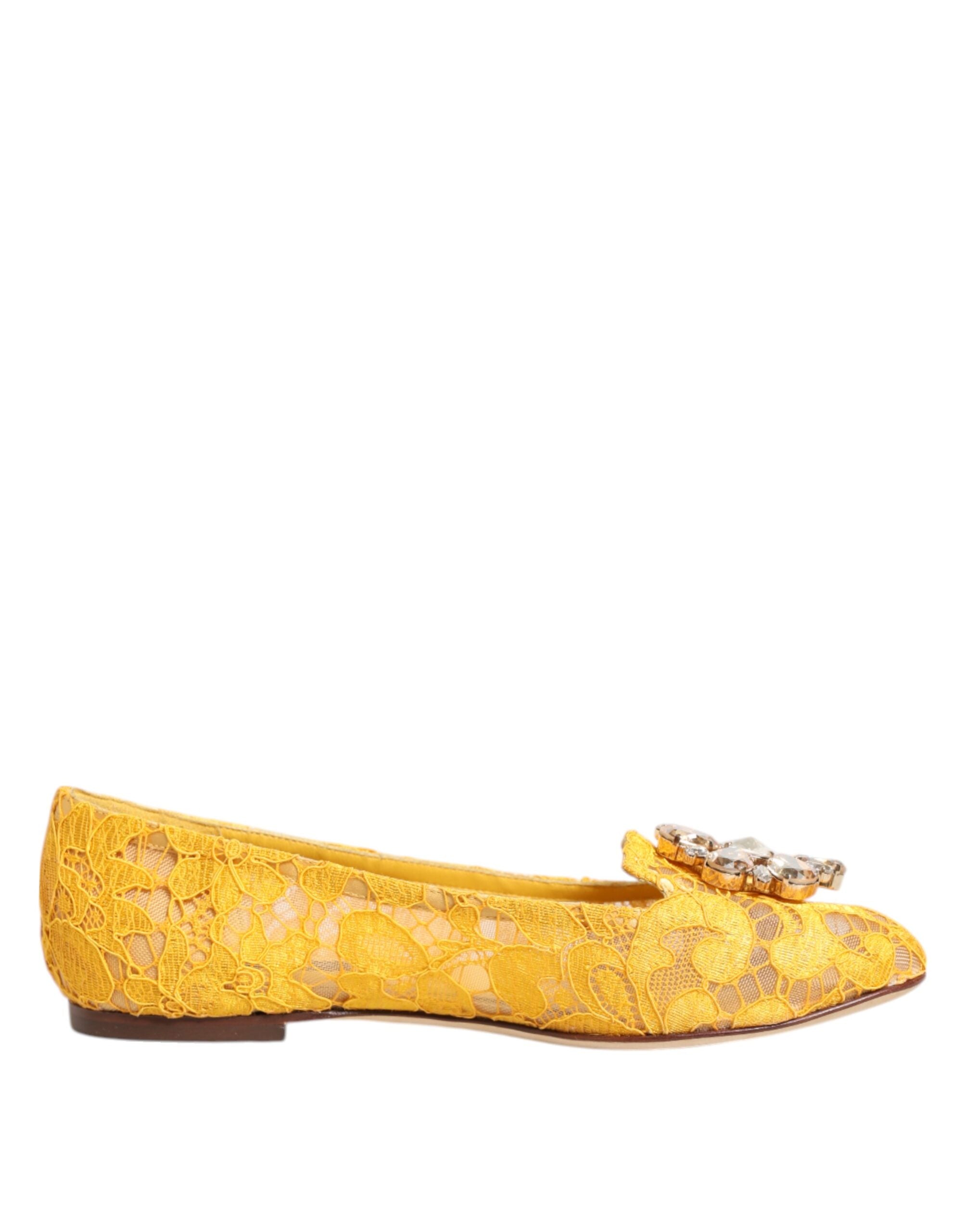 Dolce & Gabbana Dolce & Gabbana Yellow Taormina Lace Crystals Flats Women's Shoes