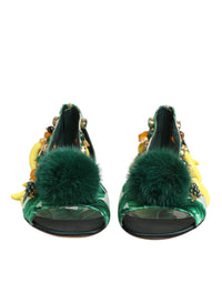 Dolce & Gabbana Green Mink Fur Satin Banana Leaf Sandals Women's Shoes
