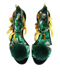 Dolce & Gabbana Green Mink Fur Satin Banana Leaf Sandals Women's Shoes