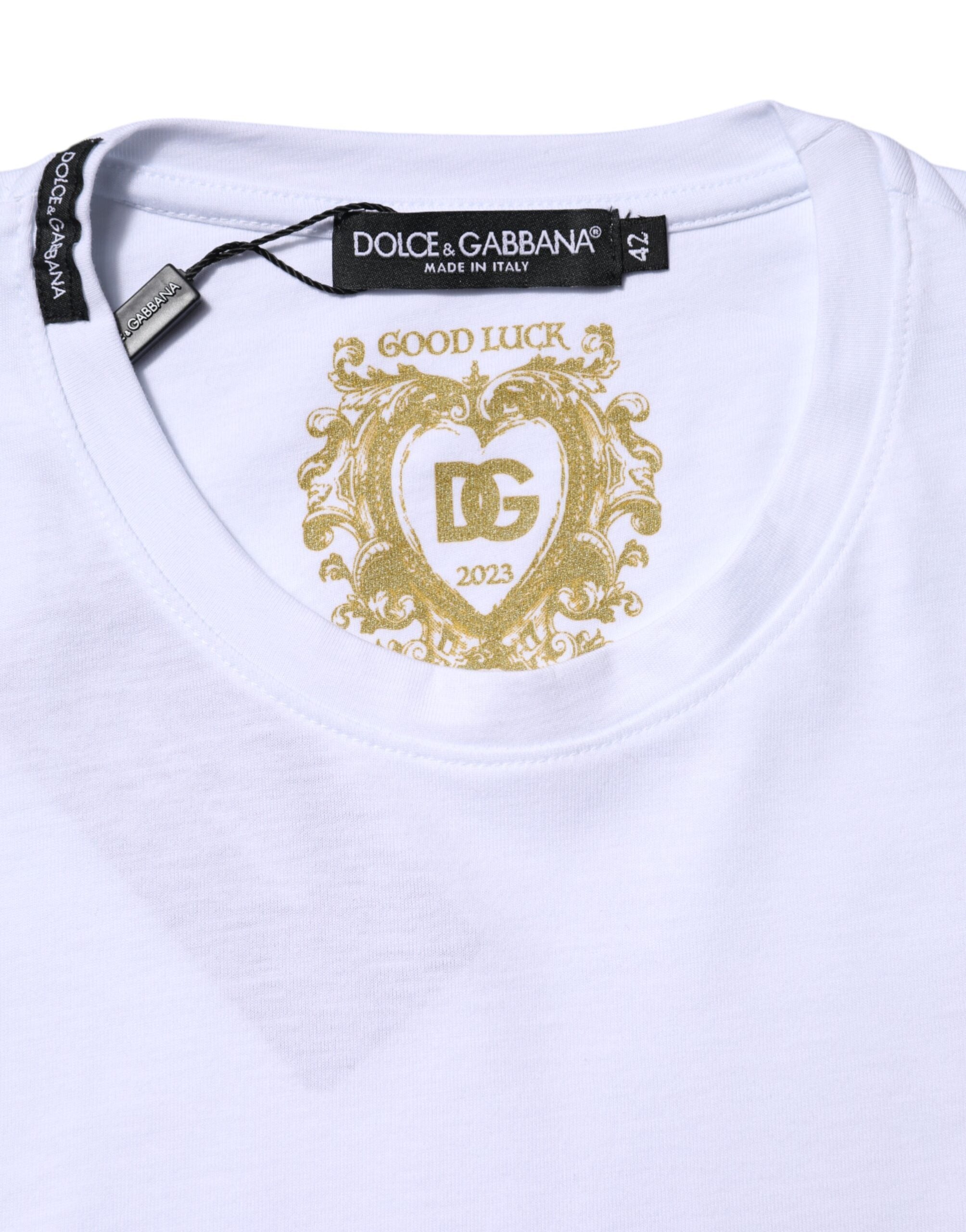 Dolce & Gabbana White Cotton Goodluck 2023 Crew Neck Women's T-shirt (Pre-Loved)