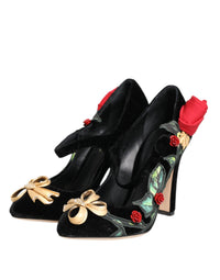 Dolce & Gabbana Dolce & Gabbana Black Roses Crystal Brooch Mary Jane Women's Shoes