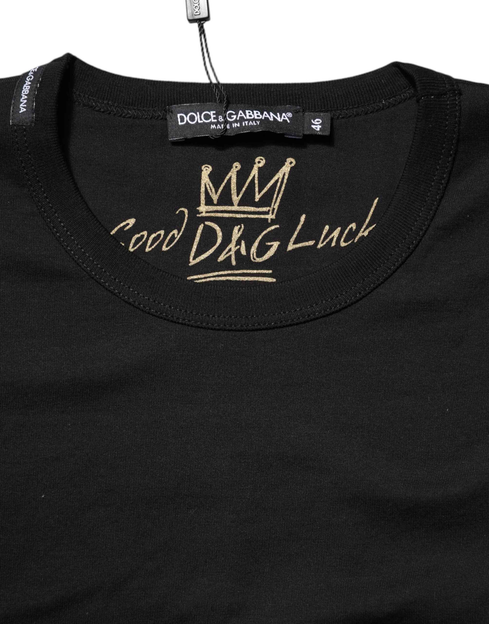 Dolce & Gabbana Black Cotton Goodluck Tee Crew Neck Women's T-shirt