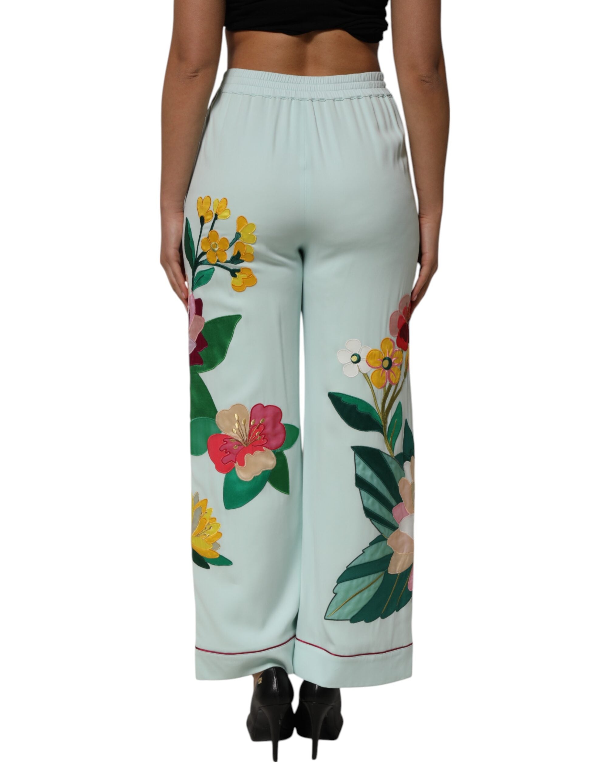 Dolce & Gabbana Green Floral Garterized Straight Pajama Women's Pants