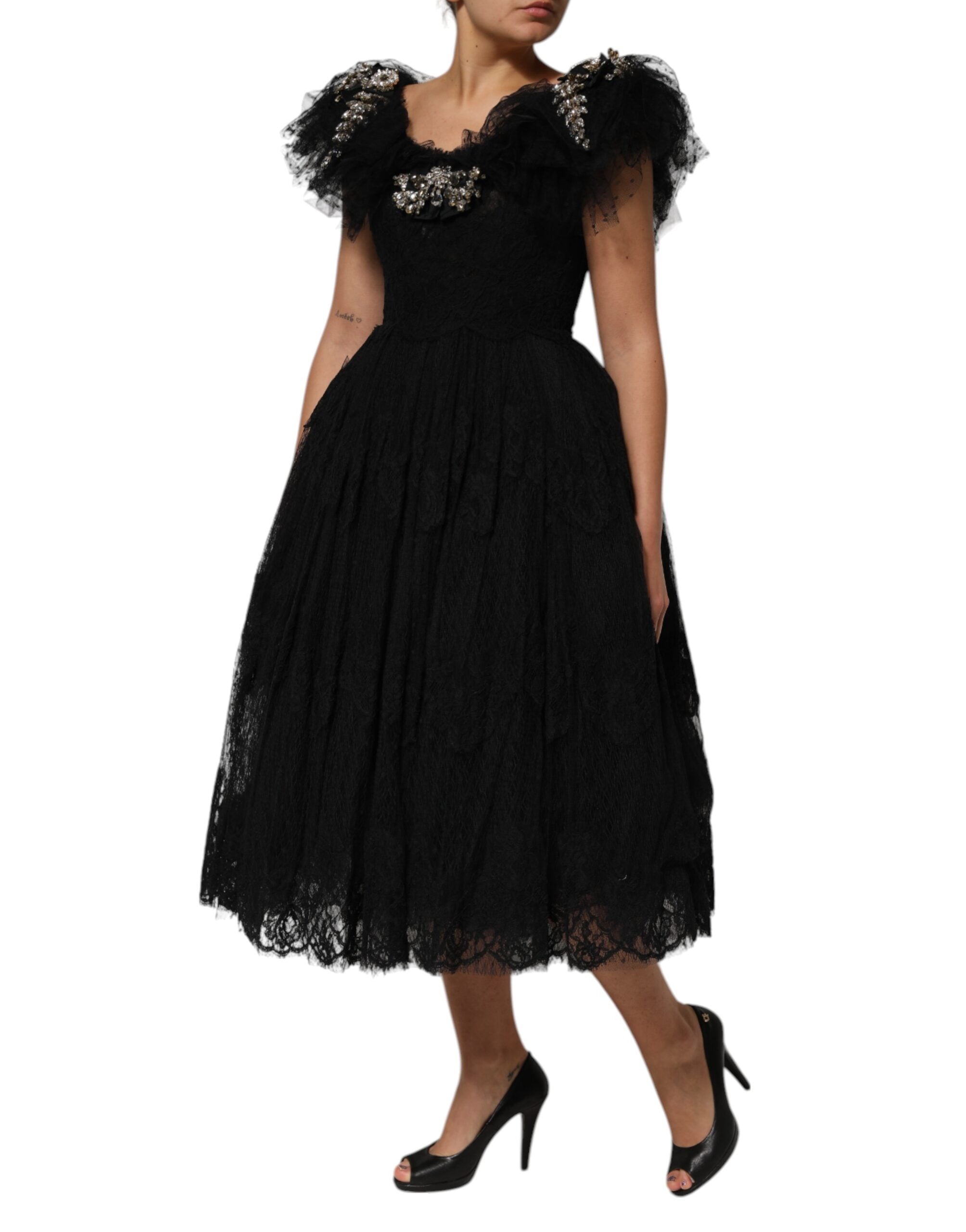 Dolce & Gabbana Dolce & Gabbana Black Crystal Embellished Midi A-line Women's Dress