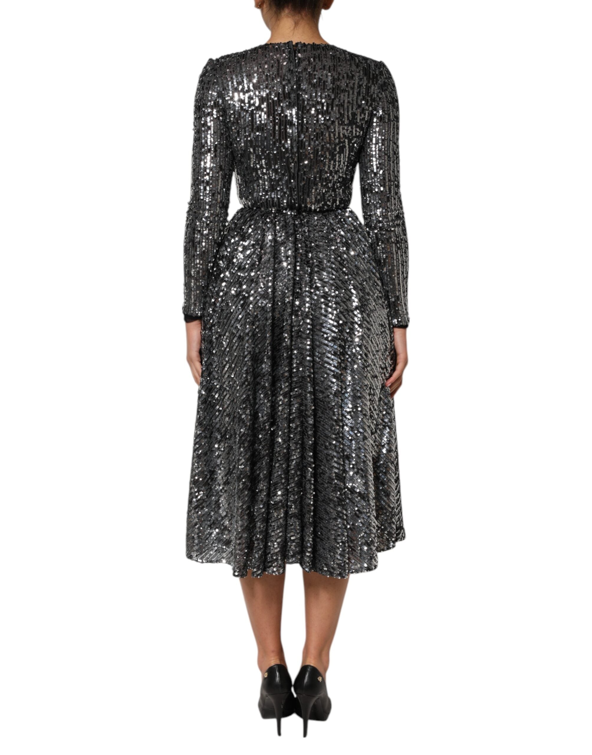 Dolce & Gabbana Black Sequined Long Sleeves Midi A-line Women's Dress