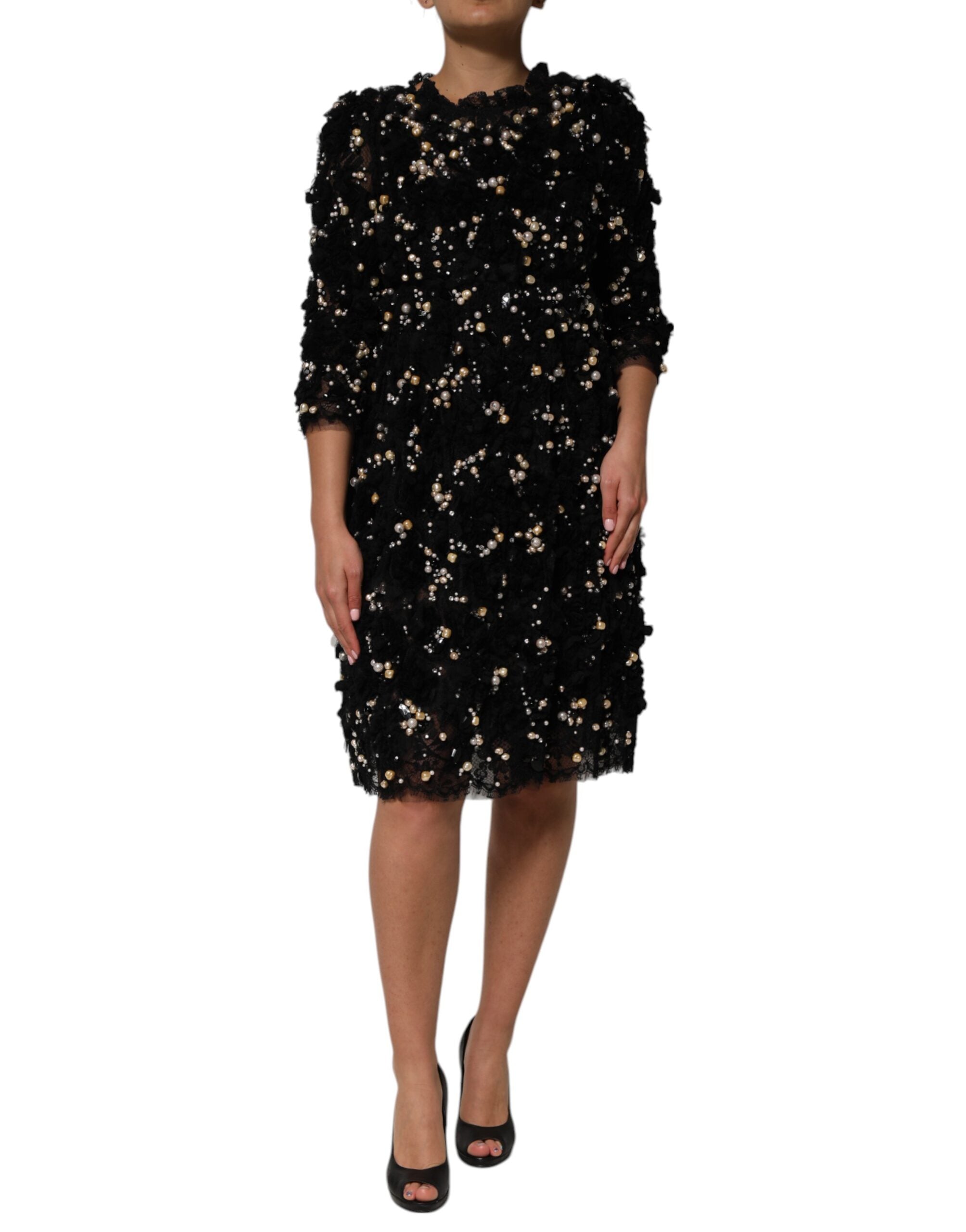 Dolce & Gabbana Black Viscose Pearl Embellishment Shift Women's Dress