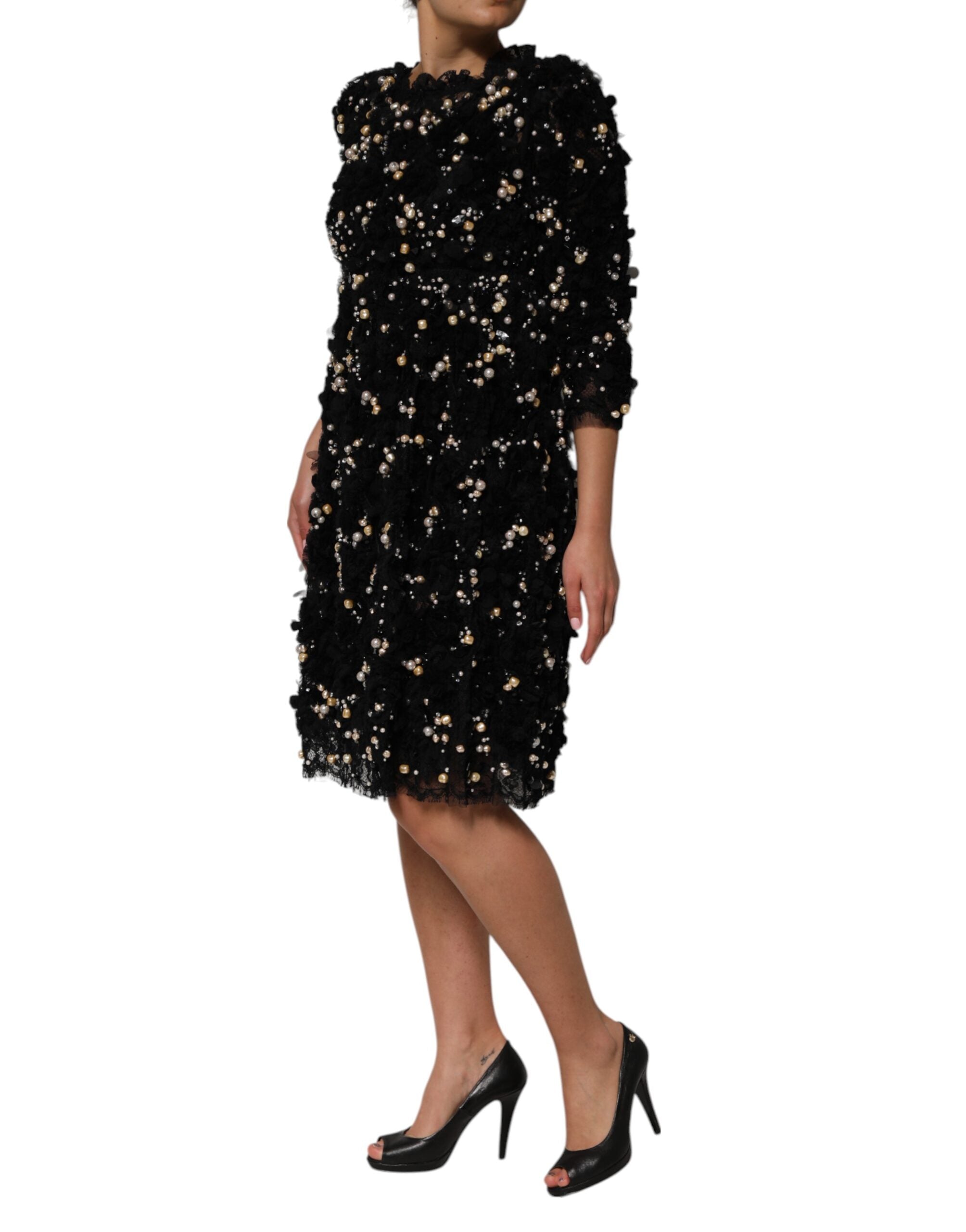 Dolce & Gabbana Black Viscose Pearl Embellishment Shift Women's Dress