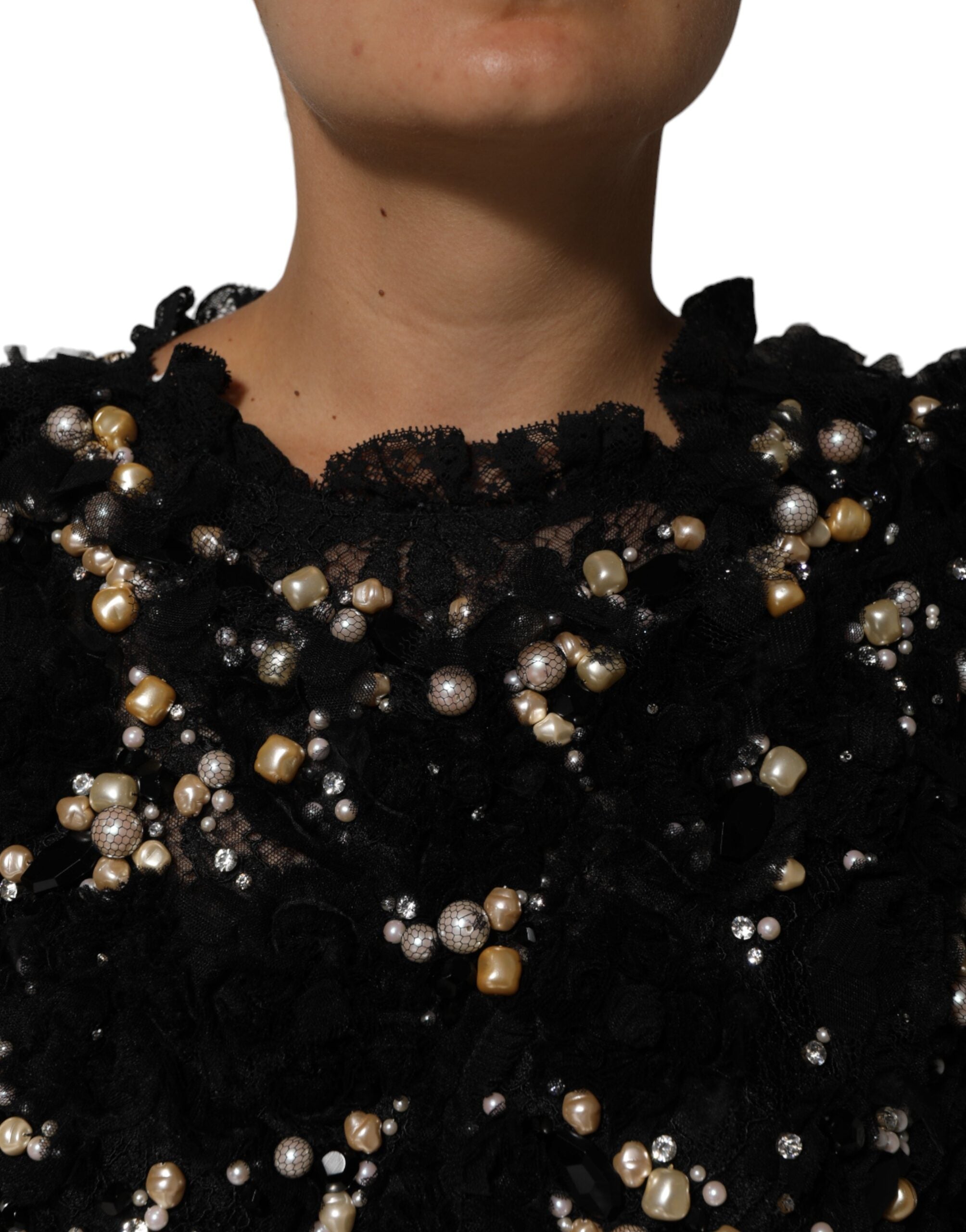 Dolce & Gabbana Black Viscose Pearl Embellishment Shift Women's Dress