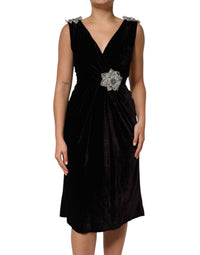 Dolce & Gabbana Black Velvet Flower Embellishment Aline Women's Dress