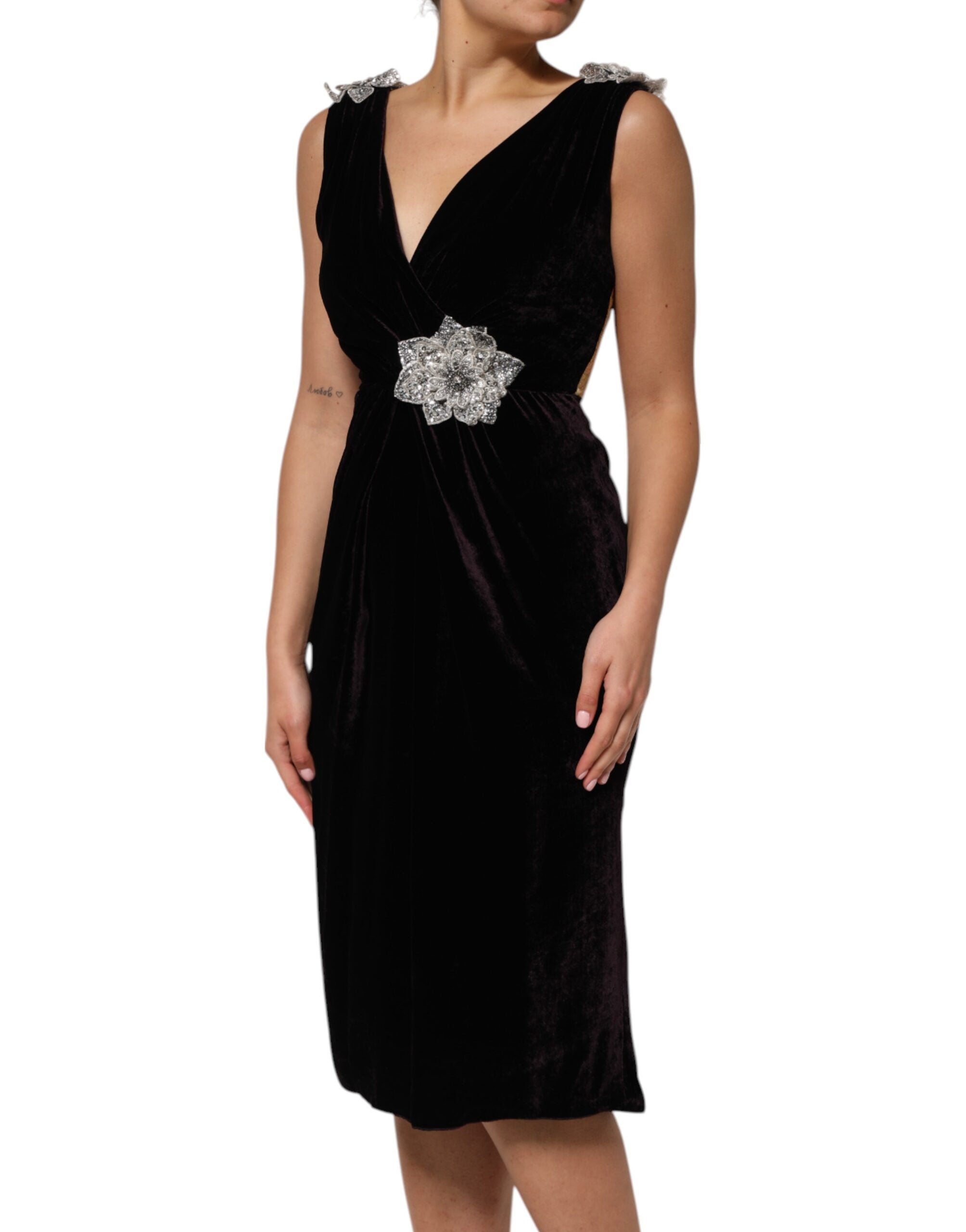 Dolce & Gabbana Black Velvet Flower Embellishment Aline Women's Dress