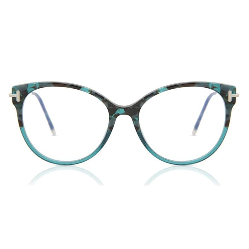 Tom Ford Tom Ford Eyeglasses Round Full Rim, Teal Havana Frame and Clear/Blue-light Block Lenses Lens FT5770-B056