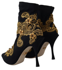 Dolce & Gabbana Black Gold Embroidery Crystal Boots Women's Shoes