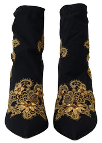 Dolce & Gabbana Black Gold Embroidery Crystal Boots Women's Shoes