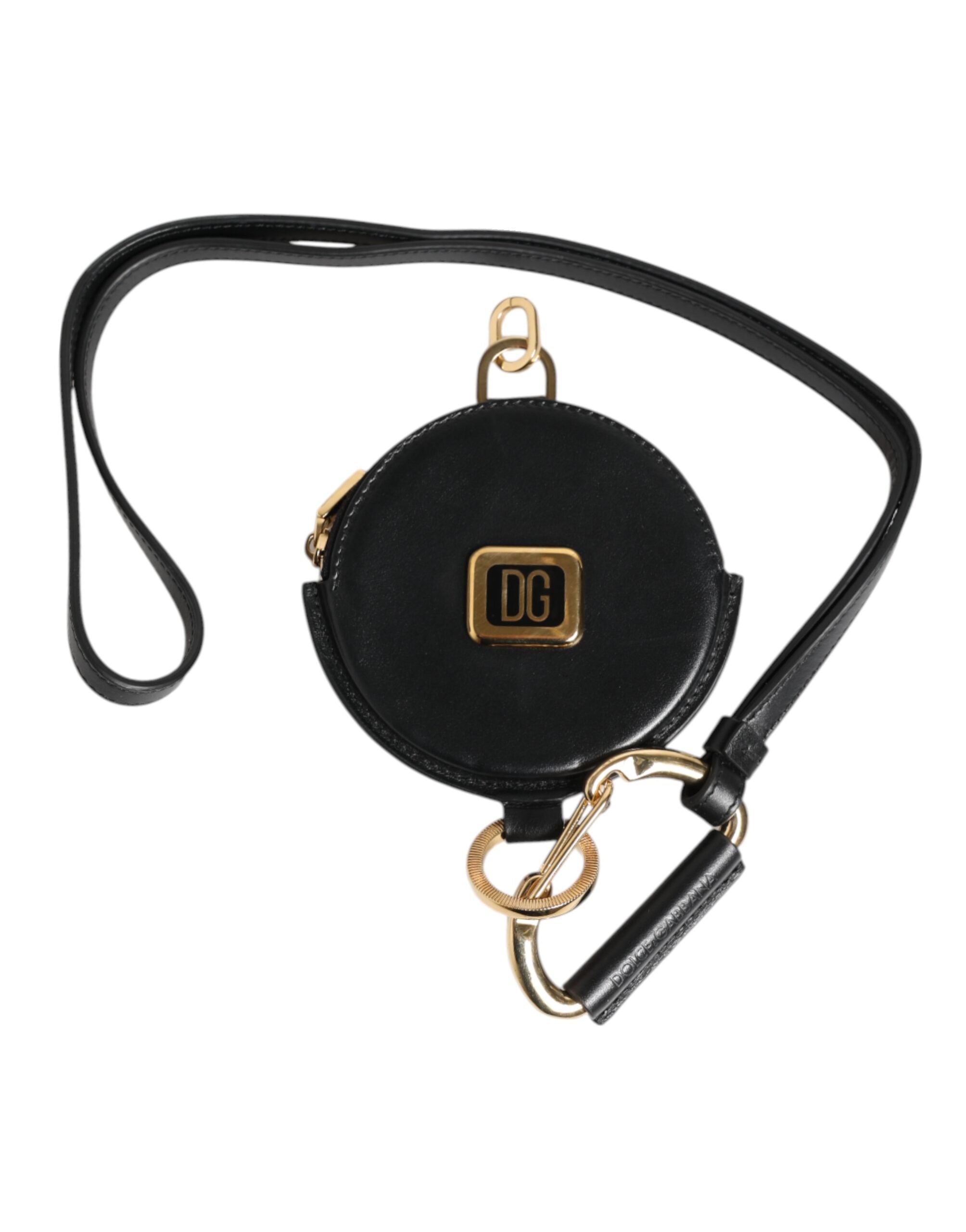 Dolce & Gabbana Dolce & Gabbana Black Round Leather DG Logo Coin Purse Lanyard Men's Wallet