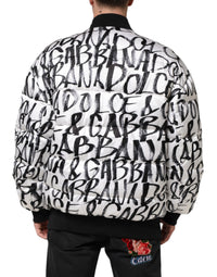 Dolce & Gabbana White Black Graffiti Logo Puffer Bomber Men's Jacket