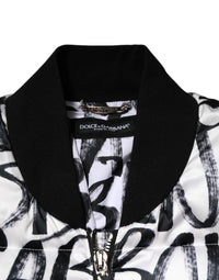 Dolce & Gabbana White Black Graffiti Logo Puffer Bomber Men's Jacket