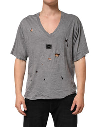 Dolce & Gabbana Gray Cotton Tattered Logo Patch Men Men's T-shirt