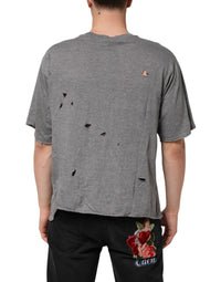 Dolce & Gabbana Gray Cotton Tattered Logo Patch Men Men's T-shirt