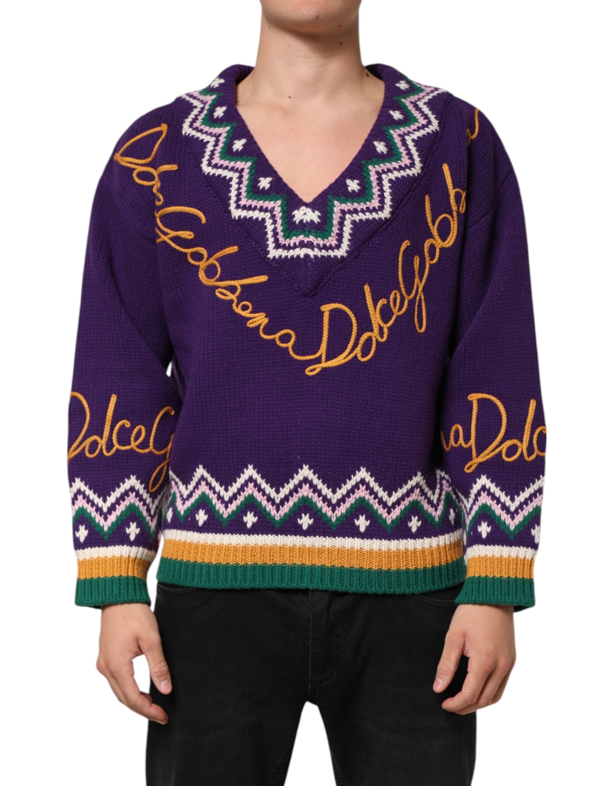 Dolce & Gabbana Dolce & Gabbana Purple Wool DG Logo Men Knit Pullover Men's Sweater