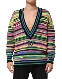 Dolce & Gabbana Multicolor DG Logo V-Neck Knit Pullover Men's Sweater