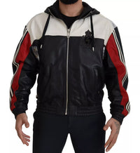 Dolce & Gabbana Black Leather Hooded Blouson Men's Jacket