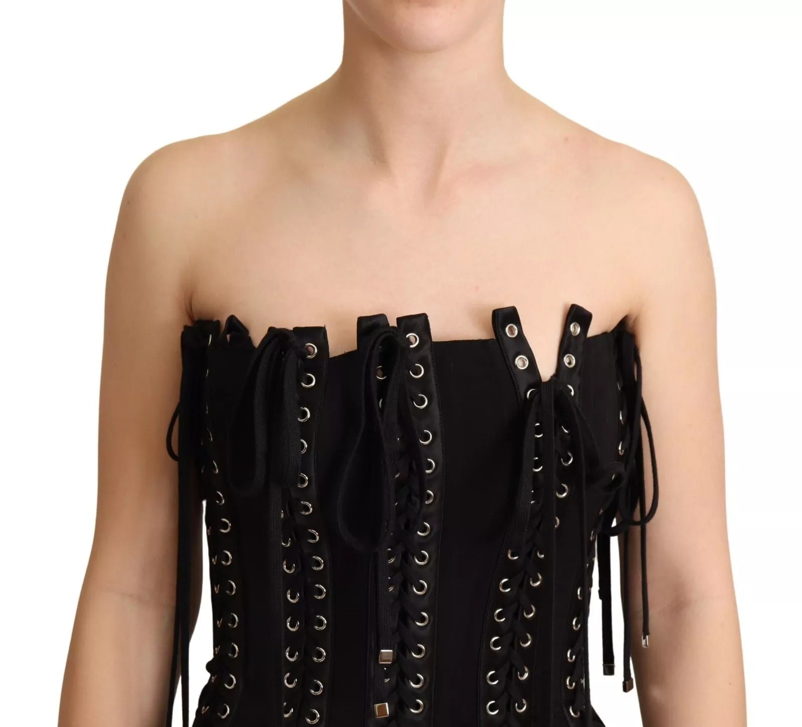 Dolce & Gabbana Black Cady Sleeveless Lace Up Bodycon Women's Dress
