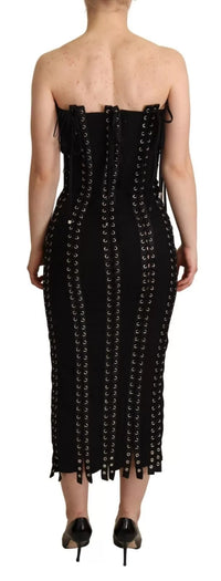 Dolce & Gabbana Black Cady Sleeveless Lace Up Bodycon Women's Dress