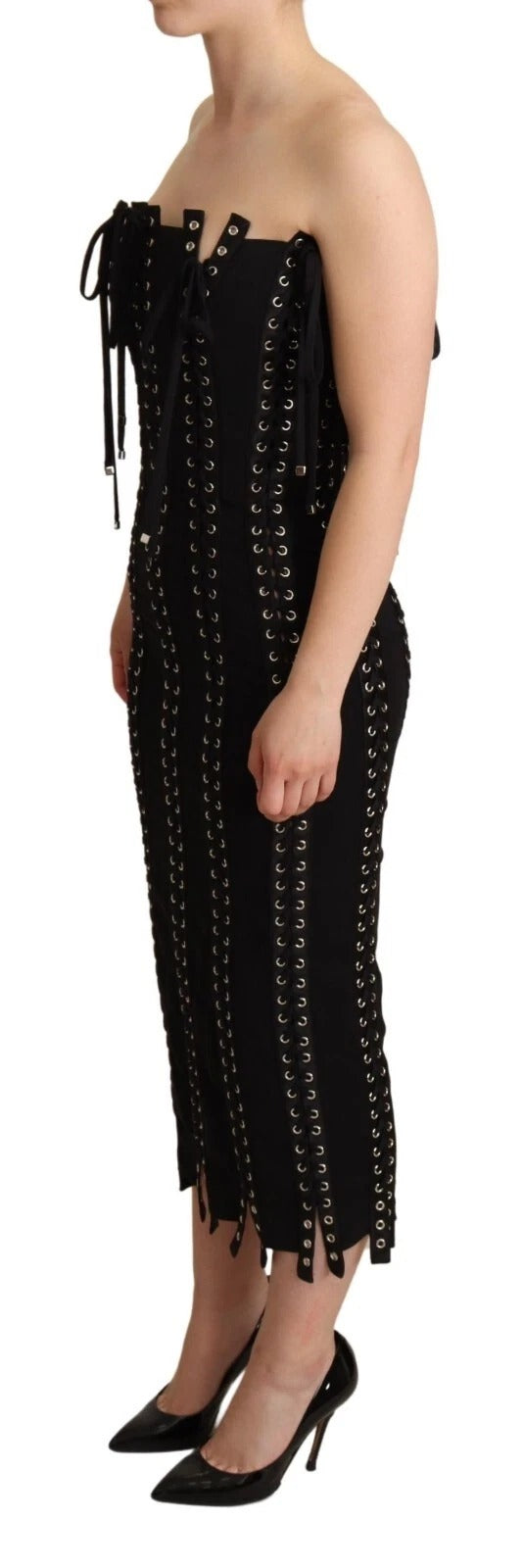 Dolce & Gabbana Black Cady Sleeveless Lace Up Bodycon Women's Dress